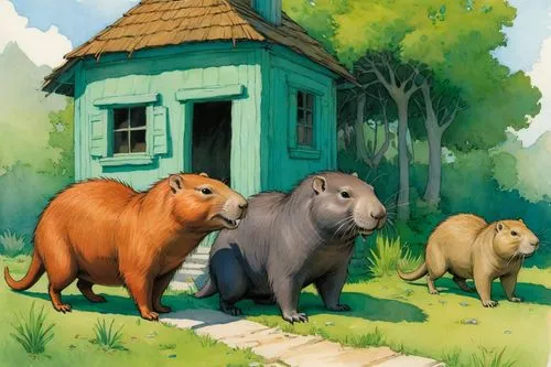 capybaras,woodland animals,wombats,ccc animals,capybara,houses clipart,Illustration,Paper based,Paper Based 17