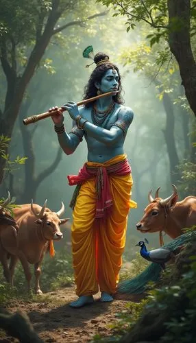 hindu man playing flute with cows on path in forest,thyagaraja,janmastami,bhagavatam,ramayan,sanatana,krishna