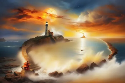 lighthouse on  Shining on a rough rock that is being pounded hard by the raging ocean waves, a big orange sun fighting with storm clouds to shine light from behind the storm clouds,a painting of a lig