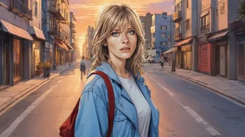 comic painting: young woman walks through urban street, casual urban streetwear, sundown, evening,annabeth,caddesi,asuka langley soryu,istiklal,zeynep,shopgirl,mordred,beyoglu,young model istanbul,ist