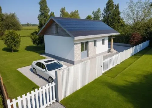 small modern house surrounded by a garden.
The walls are white. Gray roof.,a house with a white fence and car parked in the driveway,solar photovoltaic,solarcity,electrohome,photovoltaic system,passiv