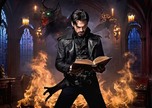 gothic portrait,daemon,preacher,book cover,lucifer,devil,blood church,magic book,deacon,gothic,dracula,dodge warlock,magic grimoire,gothic style,bibliology,satan,halloween poster,hymn book,priest,vampires,Illustration,Realistic Fantasy,Realistic Fantasy 37