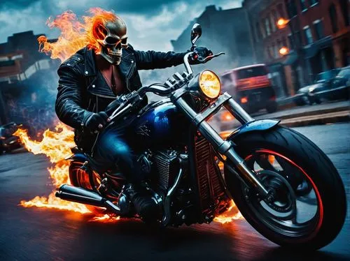 Ghost Rider, male, muscular, demonic, blue flames, skull head, hellish red eyes, black leather jacket, ripped jeans, heavy boots, riding a flaming motorcycle, speeding down a dark highway, cityscape i