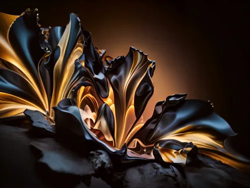 apophysis,tasmanian flax-lily,banana flower,fractal art,mandelbulb,unfolding,lacquer,dried petals,glasswares,solidified lava,lightpainting,light painting,star anise,lava flow,lotus effect,endive,black