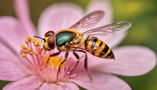 Create a relaxing scene of a wedge-spot hover fly peacefully resting on a delicate flower,syrphid fly,hoverfly,hover fly,hornet hover fly,wedge-spot hover fly,hornet mimic hoverfly,apis mellifera,gian