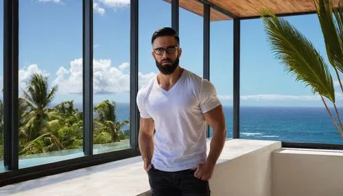 Architect, male, 30s, muscular build, short black hair, glasses, beard, white shirt, dark jeans, boots, standing, posing, North Shore, modern villa, large windows, concrete structure, wooden accents, 