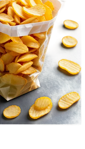 Crunchy snack, close-up, realistic texture, golden crispy chips, ridged surface, salty seasoning, shiny oil drops, transparent plastic bag, morning sunlight, shallow depth of field, warm color tone, c