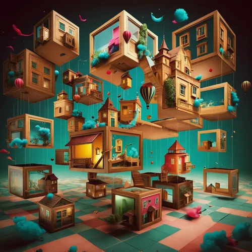 Impossible Boxes, a metaphor to living inside a box, whimsical surreal,isometric,room creator,houses clipart,hanging houses,airbnb logo,cubes,airbnb icon,blocks of houses,fantasy city,an apartment,gam