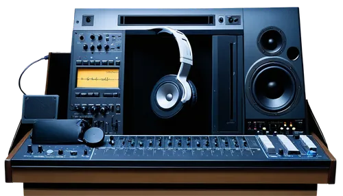 Headphones, music player, digital audio workstation, mixing console, sound waves, equalizer, audio cables, studio monitors, acoustic treatment, dimly lit room, morning, softbox lighting, 3/4 compositi