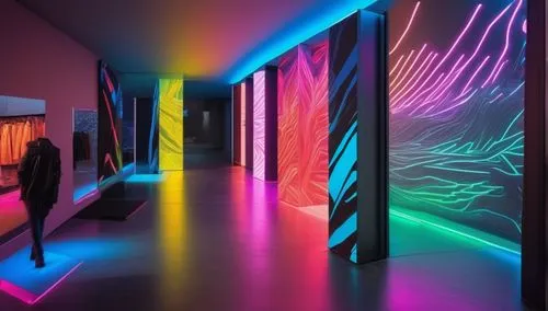 light art,neon arrows,light space,neon ghosts,light graffiti,colored lights,futuristic art museum,colorful light,neon light,neon lights,light phenomenon,light paint,light spectrum,hallway space,light 