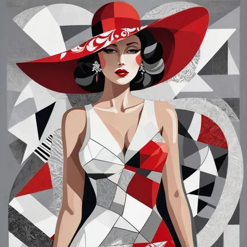 fashion illustration,art deco woman,fashion vector,art deco,retro paper doll,panama hat,art deco background,pointed hat,queen of hearts,playing card,cruella de ville,pop art style,cruella,valentine day's pin up,flamenco,cool pop art,fashion design,red hat,hat retro,roaring twenties,Art,Artistic Painting,Artistic Painting 45