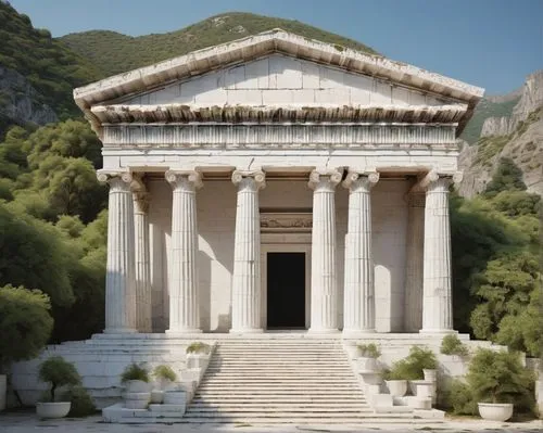 Ancient Greek temple, grandiose structure, ornate columns, intricate carvings, majestic entrance, stairs leading up, gleaming white marble, subtle weathering effect, surrounding lush greenery, distant