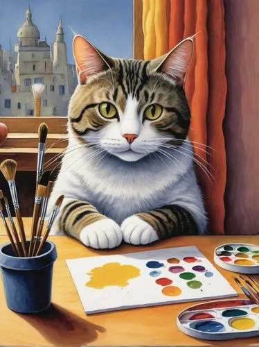 cat european,italian painter,drawing cat,dixit,knizia,photorealist,Illustration,Children,Children 03