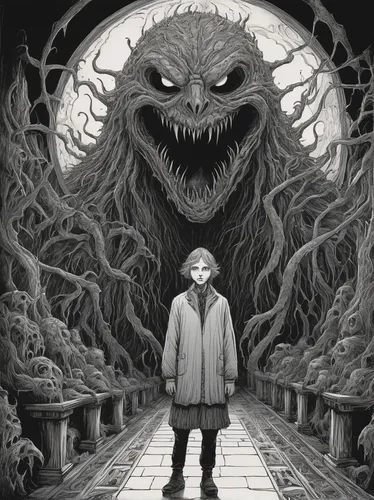 child monster,halloween illustration,krampus,labyrinth,cheshire,sci fiction illustration,halloween poster,supernatural creature,it,the thing,digital illustration,my neighbor totoro,three eyed monster,book illustration,wolfman,creature,shinigami,studio ghibli,nightmare,bogeyman,Illustration,Black and White,Black and White 13