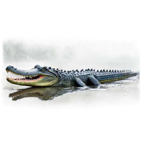 alligator, swamp creature, scaly skin, sharp teeth, greenish-gray color, muscular body, long tail, powerful jaws, wet eyes, murky water, misty atmosphere, 3/4 composition, shallow depth of field, warm