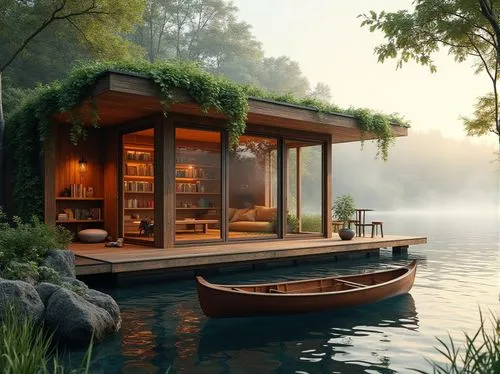 houseboat,floating huts,houseboats,house by the water,summer cottage,boat house,summer house,boathouse,pool house,boat landscape,wooden sauna,house with lake,floating on the river,summerhouse,wooden boat,seclude,3d rendering,small cabin,undock,beautiful home,Photography,General,Realistic