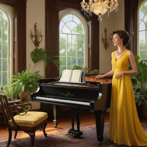 pianist,concerto for piano,pianoforte,piano,habanera,piano player,simpfendorfer,steinway,fiordiligi,the piano,conservatory,harpsichordist,boesendorfer,soprano,tiana,bosendorfer,a floor-length dress,piano lesson,collingsworth,yellow jumpsuit,Illustration,Realistic Fantasy,Realistic Fantasy 03