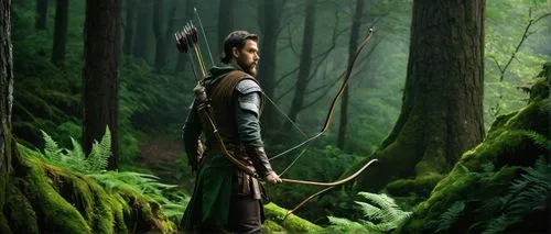 Ranger, male, muscular, 30yo, short beard, ponytail, leather armor, quiver on back, longbow, arrow, dagger, belt with silver buckle, green cloak, forest, misty morning, tall trees, ferns, moss, roots,