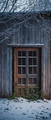 Abandoned, decaying, old, wooden, winter, hangar, rusty, metal, door, creepers, vines, snowflakes, gently, falling, frost, misty, morning, dim, soft, warm, lighting, 3/4 composition, atmospheric persp