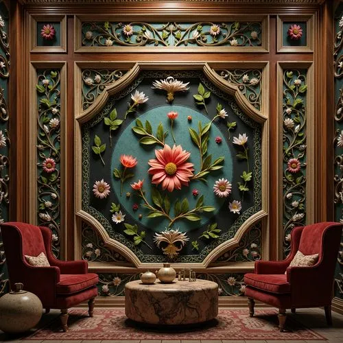 peranakan,interior decor,art nouveau frame,wall decoration,floral decoration,art nouveau frames,floral ornament,wall panel,peranakans,floral decorations,patterned wood decoration,frame ornaments,ornate room,lobby,circular ornament,garden door,decorative frame,decorative,floral arrangement,hotel lobby