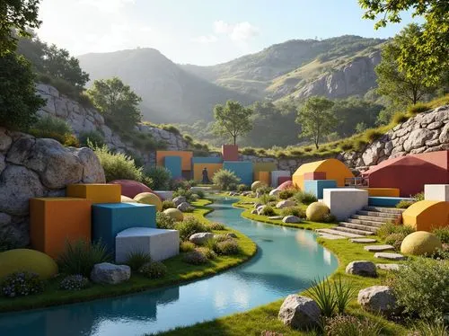 3d render,render,3d rendered,ecotopia,popeye village,renders,3d rendering,rendered,voxels,3d fantasy,voxel,mini golf course,alpine village,miniature golf,futuristic landscape,fairy village,floating huts,cryengine,golf resort,underwater playground