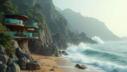 Seaside cliffside, rugged rock formations, crashing ocean waves, sandy beaches, driftwood accents, weathered wooden decks, ocean-inspired color palette, blue-green glass railings, curved lines, organi