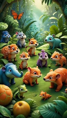 A whimsical and endearing illustration of a group of esoteric animals exploring a vast and fruity jungle. These tiny creatures, hardly visible to the naked eye, can only be spotted with the aid of gla