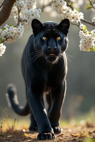 photorealistic, panther portrait, white flowers, cherry tree, natural light, male black panther, walking pose,a black panther in the wild walking through a tree,panther,panthera,melanism,head of panth