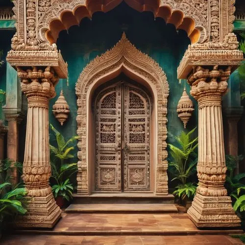 Ancient Indian temple, intricately carved stone walls, ornate sculptures, vibrant colors, intricate mandalas, towering gopuram, majestic entrance gate, serene courtyard, lush greenery surroundings, wa