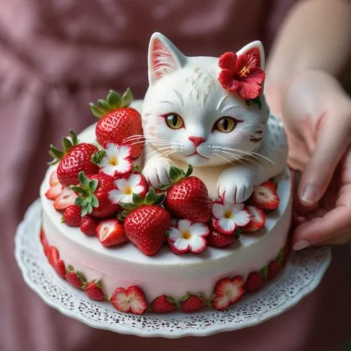 A pair of hands is holding a beautifully decorated small strawberry cake, adorned with [hibiscus] and a [cat] figure,strawberries cake,strawberrycake,sweetheart cake,bowl cake,little cake,torte,cake d