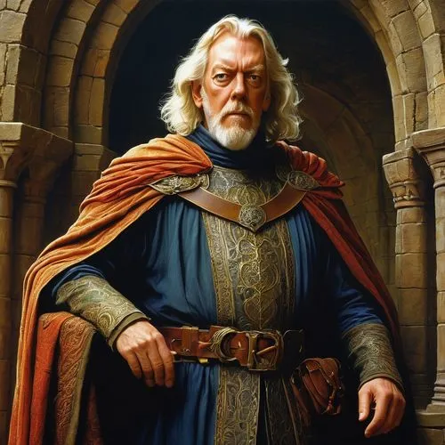 Donald Sutherland as Ronald Bartel in his middle ages, in fantasy setting,a man in a black robe with gold accents,eisenhardt,thoralf,aegon,denethor,nargothrond,thorleif,Conceptual Art,Fantasy,Fantasy 