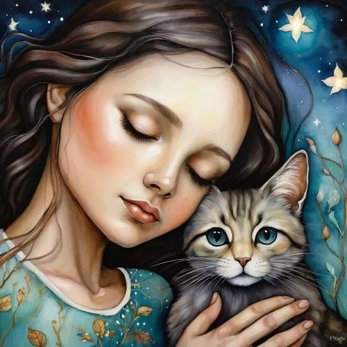 cat lovers,tenderness,romantic portrait,oil painting on canvas,cat love,oil painting,little girl and mother,cat with blue eyes,felines,children's fairy tale,blue eyes cat,domestic cat,art painting,kitten,cat image,fantasy art,two cats,little boy and girl,carol m highsmith,fairy tale,Conceptual Art,Daily,Daily 34