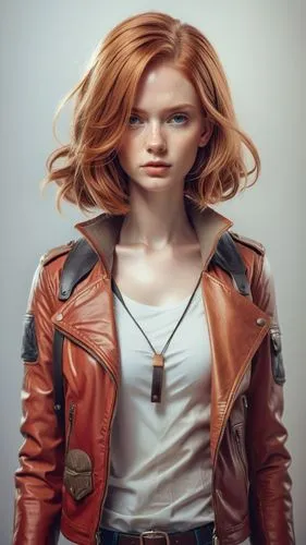 short hair, leather jacket, ginger, redhead,a girl in a leather jacket and white shirt with long hair,romanoff,leather jacket,clary,annabeth,liora,triss,Illustration,Realistic Fantasy,Realistic Fantas