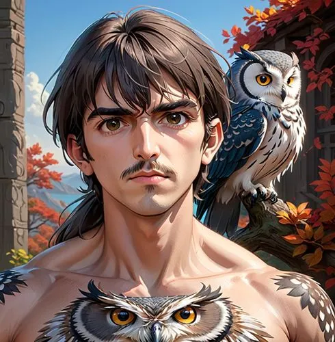 Pony tail, young george harrison, thicker muscular body, pet owl on right shoulder,an illustration of the head of a man with an owl,seregil,bran,ozhan,gotoku,inigo,male character,Anime,Anime,General