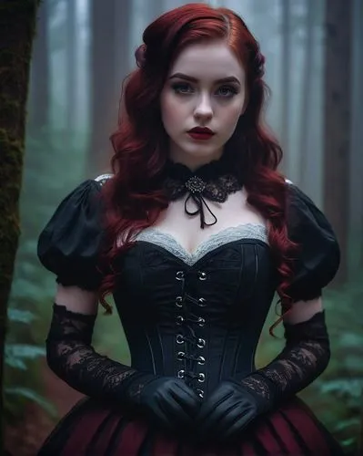 victorian lady,gothic woman,gothic fashion,gothic dress,gothic portrait,victorian style,corset,red riding hood,queen of hearts,vampire woman,vampire lady,little red riding hood,gothic style,victorian fashion,redhead doll,dark gothic mood,black forest,victorian,goth woman,dark red,Conceptual Art,Daily,Daily 25