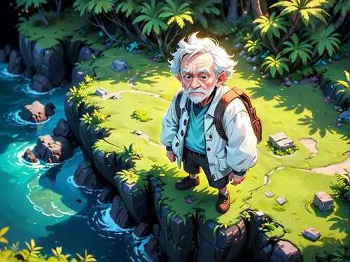 old man white clothes,cartoon,on lost island,game illustration,studio ghibli,hiker,monkey island,grandpa,elderly man,farmer in the woods,grandfather,mountain guide,sci fiction illustration,world digit