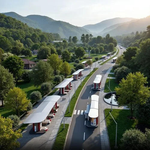 Scenic highway, rolling hills, lush greenery, futuristic charging stations, sleek metal canopies, solar panels, energy-efficient systems, modern LED lighting, curved lines, minimalist design, eco-frie