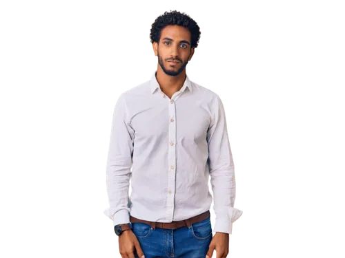 Israel Dibujo, African man, 30s, strong facial features, short Afro hair, thick eyebrows, goatee, white shirt, dark blue jeans, brown leather belt, casual standing pose, relaxed atmosphere, natural li