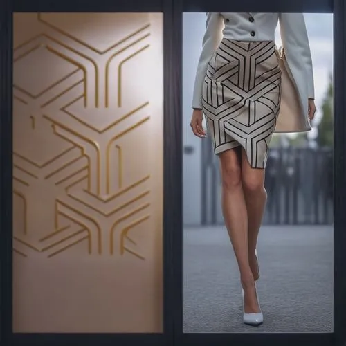 a female in a short dress is walking by a glass wall,metallic door,zigzag pattern,geometric pattern,geometric style,diamond pattern,fashion vector,Photography,General,Realistic