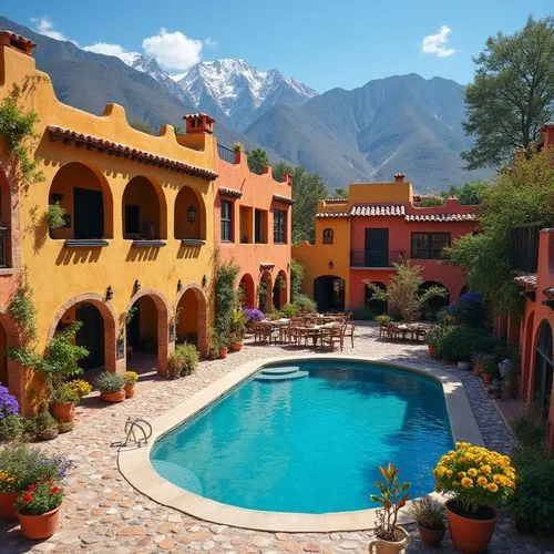 a nice looking pool area has many plants,cafayate,urubamba,hacienda,antigua guatemala,taos,atlas mountains