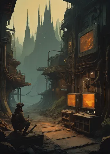 ancient city,fantasy landscape,concept art,fantasy city,world digital painting,lostplace,game art,game illustration,lost place,watchmaker,evening atmosphere,medieval town,apothecary,post-apocalyptic landscape,slums,merchant,mountain settlement,ruins,futuristic landscape,fantasy art,Illustration,Retro,Retro 17