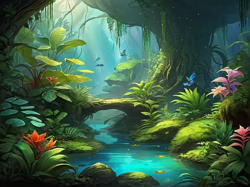 underwater oasis,underwater background,underwater landscape,cartoon video game background,rainforest,tropical jungle,rain forest,fairy forest,koi pond,frog background,jungle,fantasy landscape,forest background,aquarium,tropical bloom,aquatic plants,tropical floral background,fairy world,forest fish,full hd wallpaper,Illustration,Realistic Fantasy,Realistic Fantasy 01