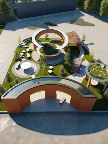 A partir de esa imagen crea una plaza escala humana real y moderno,this is an aerial view of a garden with a walkway,garden design sydney,ecovillages,school design,landscape design sydney,ecotopia,bio