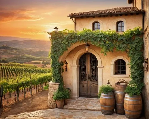 Mediterranean architecture, winery, Tuscan style, stone walls, clay roof tiles, wooden doors, iron lanterns, grapevine trellis, vineyards, rolling hills, sunset, warm golden light, soft focus, natural