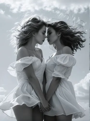 A black & white photo: The picture shows two young women facing each other and leaning close together, almost as if they were about to kiss. Both are wearing similar white, off-the-shoulder dresses th