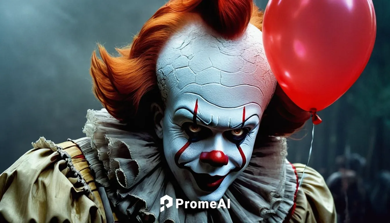 Pennywise, IT, demonic clown, sinister grin, pale skin, bright red nose, exaggerated eyebrows, messy orange hair, white face paint, colorful costume, oversized buttons, red balloon, holding, gloved ha