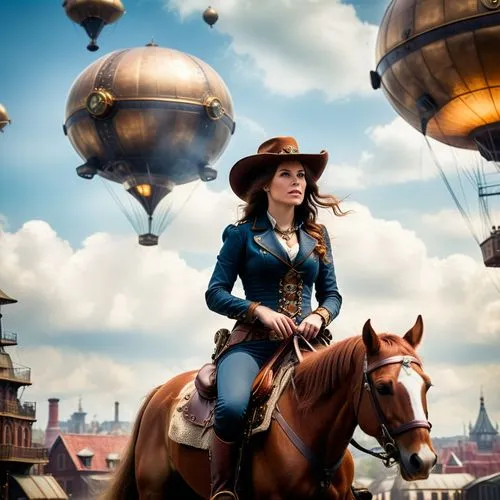 Ein cowgirl das auf einem Pferd gemächlich durch eine Steampunk Metropole reitet und hin und wieder ein paar Pasagier und Frachtzeppeline sowohl an den Landeplätzen als auch in der luft zu beobachten,