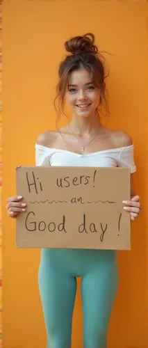 A 21yo petite model girl with light brown hair in a messy bun is holding a cardboard sign that reads "Hi users!, Good day!" wearing a white off-shoulder top, full body, a turqoise tight seamless hairy