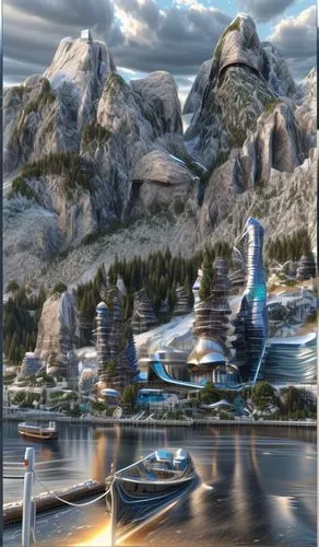 futuristic landscape,ski resort,fantasy landscape,boat landscape,the disneyland resort,futuristic architecture,seaplane,many glacier hotel,matterhorn,ski facility,fantasy picture,futuristic art museum,swiftcurrent lake,cascade mountain,powerboating,landscape background,alpine lake,pedal boats,castle mountain,pedalos