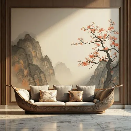 chaise lounge,sitting room,oriental painting,minotti,hushan,landscape background,Photography,Documentary Photography,Documentary Photography 01